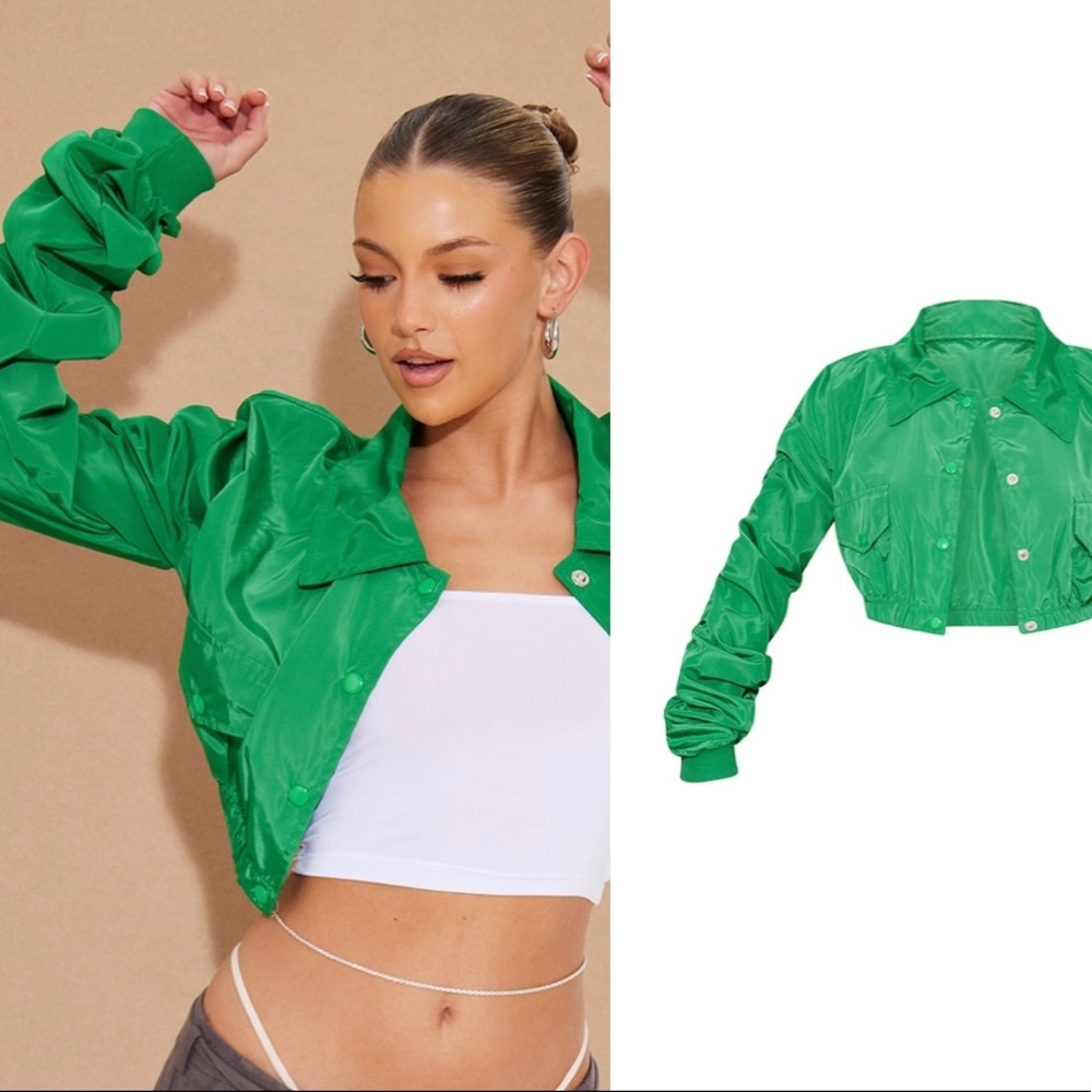 PLT Green Cropped Ruched Sleeve Shell Jacket - Picture 2 of 2